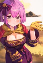 Rule 34 | 1girl, alternate breast size, armor, bernadetta von varley, black eyes, blush, breasts, cleavage, closed mouth, commentary, dress, fire emblem, fire emblem: three houses, gbbgb321, gloves, hair between eyes, hair ornament, hair ribbon, highres, large breasts, looking at viewer, nintendo, outdoors, purple dress, purple hair, ribbon, short hair, shoulder armor, solo, yellow gloves
