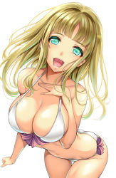 Rule 34 | 1girl, aqua eyes, bare shoulders, bikini, blonde hair, blue eyes, breasts, cleavage, large breasts, leaning forward, long hair, looking at viewer, open mouth, original, saburou (hgmg), simple background, smile, solo, swimsuit, thigh gap, white background, white bikini