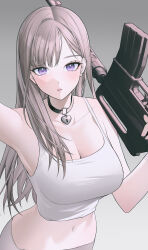 Rule 34 | 1girl, absurdres, breasts, cleavage, grey hair, gun, highres, hiya 0, holding, holding gun, holding weapon, jewelry, large breasts, long hair, navel, necklace, original, purple eyes, shirt, simple background, solo, weapon, white shirt