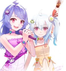 Rule 34 | 2girls, ahoge, artist name, bad id, bad pixiv id, bare shoulders, bili girl 22, bili girl 33, bilibili, blue hair, blush, choker, close-up, collarbone, dated, hair ornament, highres, long hair, looking at viewer, luckiiy, multiple girls, open mouth, pink eyes, short hair, short ponytail, side ponytail, signature, silver hair, smile, x hair ornament