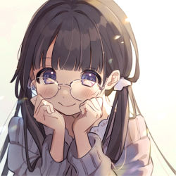 Rule 34 | 1girl, blunt bangs, blush, brown hair, glasses, hands on own cheeks, hands on own face, highres, long hair, looking at viewer, low twintails, mameyanagi, off-shoulder sweater, off shoulder, original, purple eyes, scrunchie, simple background, smile, solo, sweater, twintails, white background