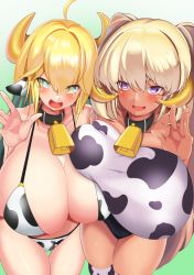 Rule 34 | 09 unu 06, 2girls, :d, ahoge, animal collar, animal ears, animal print, bell, bikini, blonde hair, blush, breast press, breasts, bright pupils, collar, cow ears, cow girl, cow horns, cow print, cowbell, dark elven forest ranger, elven forest maker, green eyes, green hair, hair between eyes, highres, horns, huge breasts, last origin, micro bikini, multicolored hair, multiple girls, neck bell, open mouth, purple eyes, smile, swimsuit, thigh gap, thighhighs, twintails, two-tone hair, waving