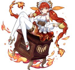 Rule 34 | 1girl, ark order, bare shoulders, blush, bow, braid, cup, detached sleeves, fire, frilled skirt, frills, full body, gem, gold footwear, greetload, hair bow, hestia (ark order), holding, holding cup, holding teapot, jewelry, layered skirt, long sleeves, looking at viewer, maid headdress, necklace, official art, orange eyes, orange skirt, puffy long sleeves, puffy sleeves, red gemstone, red hair, sandals, shirt, sitting, skirt, smile, solo, stove, tachi-e, teapot, thighhighs, transparent background, twin braids, white shirt, white thighhighs, yellow bow, zettai ryouiki