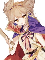 Rule 34 | 1girl, bare shoulders, beige blouse, belt, blouse, bracelet, breasts, brown eyes, brown hair, cape, earmuffs, gold trim, highres, holding, holding stick, jewelry, light blush, light smile, looking to the side, open mouth, pointy hair, purple cape, purple ribbon, ribbon, ritual baton, shirt, short hair, simple background, sleeveless, sleeveless shirt, small breasts, solo, sorani (kaeru0768), stick, sword, touhou, toyosatomimi no miko, upper body, weapon, white background