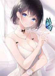 Rule 34 | 1girl, absurdres, bare arms, bare shoulders, black hair, blue eyes, breasts, bug, butterfly, choker, cleavage, collarbone, curtains, dress, earrings, hair ornament, hairclip, head tilt, highres, bug, jewelry, lebring, looking at viewer, medium breasts, necklace, original, short hair, sleeveless, sleeveless dress, solo, spaghetti strap, upper body, white choker, white dress