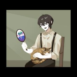 Rule 34 | 1boy, animal, animal on lap, black eyes, black hair, black pants, cat, cat on lap, chair, collared shirt, hand mirror, hand up, highres, holding, holding mirror, limbus company, long sleeves, mirror, no 710, on lap, open mouth, pants, project moon, sang yi (project moon), shirt, sitting, smile, suspenders, white shirt, yi sang (project moon)