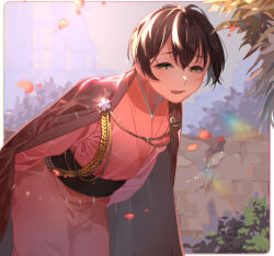 Rule 34 | 1boy, axis powers hetalia, banozinnyuna, bishounen, black hair, blurry, blurry background, blush, brick wall, cherry blossoms, commentary request, facing viewer, falling petals, hair between eyes, half-closed eyes, happy, japan (hetalia), japanese clothes, kimono, leaning forward, looking at viewer, male focus, open mouth, outdoors, outside border, petals, pink kimono, short hair, solo, standing, yellow eyes