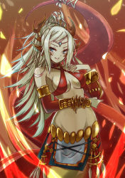 Rule 34 | 1girl, bare shoulders, blonde hair, blue eyes, bracelet, breasts, echidna (p&amp;d), grin, hairband, horns, jewelry, long hair, looking at viewer, lots of jewelry, navel, ponytail, puzzle &amp; dragons, smile, solo, sud (sudea), tail