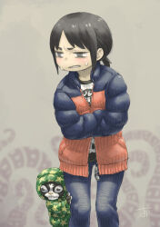 Rule 34 | 1girl, animal, bags under eyes, black hair, blue sleeves, blurry, blurry background, blush, brown background, cat, chiyo maru, clenched teeth, clothed animal, commentary, crossed arms, denim, down jacket, feet out of frame, furrowed brow, green jacket, grey eyes, grimace, half-closed eyes, hiding, hiding behind another, hood, hood up, hooded jacket, jacket, jeans, looking to the side, low ponytail, medium hair, open clothes, open jacket, orange jacket, original, pants, parted bangs, print shirt, shirt, short eyebrows, signature, solo, standing, sweat, teeth, tentacles, v-shaped eyebrows, white shirt