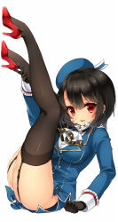 Rule 34 | 10s, 1girl, beret, black gloves, black hair, black thighhighs, blush, breasts, full body, garter straps, gloves, hat, high heels, kantai collection, kuritomo, large breasts, legs, legs up, looking at viewer, military, military uniform, red eyes, short hair, simple background, smile, solo, takao (kancolle), thighhighs, uniform, white background