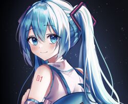 Rule 34 | 1girl, ahoge, bag, blue eyes, blue hair, blush, character bag, closed mouth, collar, dark background, detached sleeves, dot nose, hair between eyes, hand up, hannahkwok4, happy, hashtag-only commentary, hatsune miku, highres, holding, holding bag, long hair, looking at viewer, looking back, number tattoo, pointy chin, raised eyebrows, red tattoo, smile, solo, star (symbol), starry background, tattoo, twintails, vocaloid, white sleeves