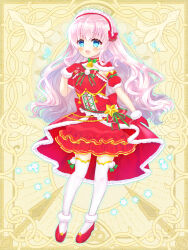 Rule 34 | 1girl, :d, bell, blue eyes, blush, copyright request, detached sleeves, dress, fur-trimmed dress, fur-trimmed gloves, fur-trimmed sleeves, fur trim, gloves, hand up, highres, long hair, looking at viewer, neck bell, open mouth, pink hair, puffy short sleeves, puffy sleeves, red dress, red footwear, red gloves, red sleeves, shikito (yawa0w0), shoes, short sleeves, smile, solo, thighhighs, very long hair, white thighhighs