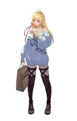 Rule 34 | 1girl, ahoge, alternate costume, arc2urus, bag, black footwear, black thighhighs, blonde hair, blue eyes, breasts, closed mouth, collarbone, cookie, dress, final fantasy, final fantasy xiv, food, full body, hair ornament, hair ribbon, highres, holding, holding bag, holding food, long hair, long sleeves, looking at viewer, minfilia warde, off-shoulder sweater, off shoulder, pink ribbon, print sweater, puffy long sleeves, puffy sleeves, red ribbon, ribbon, shoes, simple background, smile, solo, standing, sweater, sweater dress, thighhighs, white background