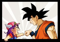 Rule 34 | 1boy, 1girl, :d, baseball cap, black border, black eyes, black hair, blue eyes, border, character name, clothes writing, commentary request, creator connection, crossover, dougi, dr. slump, dragon ball, dragonball z, eye contact, fenyon, fist bump, glasses, grin, hat, highres, long hair, looking at another, muscular, norimaki arale, official style, open mouth, outside border, overalls, profile, purple hair, red shirt, shaded face, shirt, short sleeves, smile, son goku, spiked hair, teeth, tongue, twitter username, upper body, winged hat, wristband