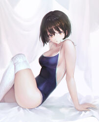 Rule 34 | 1girl, arm support, backless swimsuit, blue one-piece swimsuit, breasts, brown hair, cleavage, commentary, english commentary, highres, knee up, knit legwear, looking at viewer, medium breasts, one-piece swimsuit, original, oto1 030, parted lips, photo-referenced, short hair, sideboob, sitting, solo, swimsuit, thighhighs, white background, white thighhighs, yellow eyes
