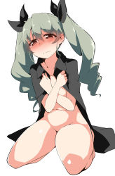 Rule 34 | 10s, 1girl, anchovy (girls und panzer), blush, bottomless, brown eyes, cape, covering privates, covering breasts, girls und panzer, grey hair, hair ribbon, long hair, looking at viewer, naked cape, ribbon, simple background, solo, tears, terazip, twintails, very long hair