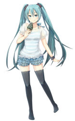Rule 34 | 1girl, :q, aqua eyes, aqua hair, blouse, courreges ace, face, food, hatsune miku, ice cream, long hair, no shoes, shirt, simple background, skirt, solo, standing, striped clothes, striped shirt, thighhighs, tongue, tongue out, very long hair, vocaloid, white background, wrist cuffs, zettai ryouiki