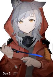 Rule 34 | 1girl, 24kswj-shouwangjun, animal ear fluff, animal ears, arknights, blood, bloody weapon, blue blood, closed mouth, coat, colored blood, dagger, gas mask, grey hair, highres, holding, holding weapon, hood, hood up, hooded coat, knife, long sleeves, looking at viewer, mask, mask around neck, orange eyes, projekt red (arknights), red coat, short hair, simple background, solo, weapon, white background, wolf ears
