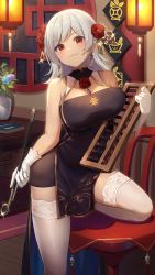 Rule 34 | 1girl, abacus, bare arms, bare shoulders, black dress, breasts, chair, china dress, chinese clothes, dress, earrings, flower, girl cafe gun, gloves, gold trim, hair flower, hair ornament, highres, holding, indoors, jewelry, kiseru, lantern, large breasts, lida romero, long hair, looking at viewer, official art, pelvic curtain, red eyes, rose, sleeveless, sleeveless dress, smile, smoking pipe, solo, super zombie, taut clothes, taut dress, thighhighs, white gloves, white hair, white thighhighs