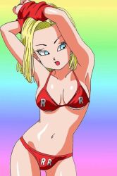 Rule 34 | 1girl, android 18, armpits, arms up, bikini, blonde hair, blue eyes, cowboy shot, dragon ball, dragonball z, earrings, gradient background, jewelry, jpeg artifacts, navel, open mouth, rainbow background, solo, swimsuit