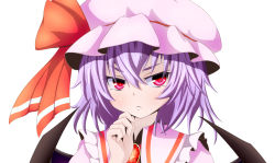 Rule 34 | 1girl, bat wings, brooch, female focus, frown, hand on own chin, hat, hat ribbon, jewelry, light purple hair, looking away, misumo, mob cap, red eyes, remilia scarlet, ribbon, short hair, simple background, solo, touhou, upper body, white background, wings