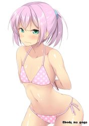 Rule 34 | &gt;:|, 10s, 1girl, :|, angry, aqua eyes, arms behind back, b-ginga, bare shoulders, bikini, blush, closed mouth, flat chest, hair ornament, kantai collection, leaning, leaning forward, looking at viewer, navel, pink hair, polka dot, polka dot swimsuit, ponytail, shiranui (kancolle), short hair, simple background, solo, swimsuit, twitter username, v-shaped eyebrows, wavy mouth, white background