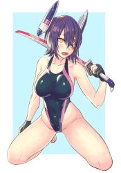 Rule 34 | 10s, 1girl, barefoot, breasts, competition swimsuit, eyepatch, fang, female focus, fingerless gloves, gloves, headgear, highleg, highleg swimsuit, kantai collection, kneeling, large breasts, one-piece swimsuit, purple hair, short hair, solo, swimsuit, sword, tenryuu (kancolle), thighs, weapon, yellow eyes, yuuji (and)