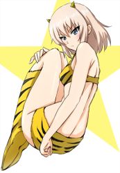 Rule 34 | 1girl, animal print, back, bikini, blue eyes, blush, boots, closed mouth, commentary, cone horns, cosplay, floating, from behind, frown, girls und panzer, highres, horns, hugging own legs, itsumi erika, knee boots, looking at viewer, looking back, lum, lum (cosplay), medium hair, omachi (slabco), parody, print bikini, print footwear, silver hair, simple background, solo, star (symbol), swimsuit, tiger print, urusei yatsura, white background, yellow bikini, yellow footwear