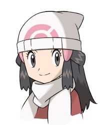 Rule 34 | 1girl, beanie, black hair, closed mouth, coat, commentary request, creatures (company), dawn (pokemon), eyelashes, game freak, grey eyes, hair ornament, hairclip, hat, long hair, looking at viewer, nintendo, pokemon, pokemon dppt, pokemon platinum, portrait, red coat, sawa (soranosawa), scarf, sidelocks, simple background, smile, solo, white background, white hat, white scarf