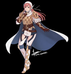 Rule 34 | 1girl, alternate costume, armor, black background, boots, breastplate, brown eyes, cape, cherche (fire emblem), clothing cutout, cm lynarc, commentary, dress, english commentary, fire emblem, fire emblem awakening, fire emblem heroes, full body, hairband, long hair, nintendo, pantyhose, pauldrons, pink hair, short dress, shoulder armor, simple background, solo, standing, thigh cutout, white cape, white footwear, white hairband, white pantyhose