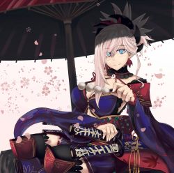 Rule 34 | 1girl, asymmetrical hair, b.d, black thighhighs, blue eyes, breasts, cleavage, clothing cutout, dango, detached collar, earrings, fate/grand order, fate (series), floral print, food, hair ornament, highres, holding, holding food, holding weapon, japanese clothes, jewelry, katana, kimono, large breasts, long hair, long sleeves, looking at viewer, magatama, miyamoto musashi (fate), miyamoto musashi (third ascension) (fate), navel cutout, petals, pink hair, ponytail, sash, sheath, sheathed, simple background, sitting, sword, thighhighs, thighs, umbrella, wagashi, weapon