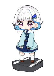 Rule 34 | 1girl, belt, blue bow, blue cardigan, blue hair, blue shirt, blue skirt, blunt bangs, blush, bow, brown belt, brown footwear, cardigan, chibi, closed mouth, commentary request, full body, hair ornament, lize helesta, long sleeves, multicolored hair, nijisanji, nozo (hitomiz), open cardigan, open clothes, pleated skirt, puffy long sleeves, puffy sleeves, purple eyes, ribbed legwear, sailor collar, shirt, shoes, simple background, skirt, sleeves past wrists, socks, solo, standing, two-tone hair, virtual youtuber, white background, white hair, white sailor collar, white socks
