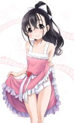 Rule 34 | 1girl, bare arms, bare legs, beamed eighth notes, black hair, blush, bow, brown eyes, closed mouth, clothes lift, collarbone, commentary request, dot nose, dress, dress lift, eighth note, frilled dress, frills, gluteal fold, hair between eyes, hair bow, head tilt, heart, high ponytail, highres, legs together, lifted by self, long hair, looking at viewer, mole, mole under eye, musical note, neko danshaku, original, panties, pink dress, pink theme, ponytail, quarter note, sleeveless, sleeveless dress, smile, solo, tareme, thigh gap, underwear, white background, white bow, white panties