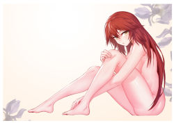 Rule 34 | 1girl, :o, absurdres, barefoot, bearn (warship girls r), blush, breasts, feet, floral background, from side, full body, gradient background, hand on own foot, hands on feet, highres, hugging own legs, knees up, long hair, looking at viewer, looking to the side, medium breasts, nude, onceskylark, open mouth, red hair, shiny skin, sitting, solo, straight hair, thighs, very long hair, warship girls r, yellow background, yellow eyes