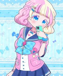 Rule 34 | 1girl, amauri miruki, amauri miruki (primagista), blonde hair, blue bow, blue eyes, blue sailor collar, blue skirt, bow, bracelet, breasts, cardigan, cellphone, chii (chi pppuri), commentary request, cowboy shot, hair ornament, hairpin, hand up, highres, holding, holding phone, jewelry, large breasts, looking at viewer, multicolored hair, phone, pink cardigan, pink hair, pleated skirt, pretty series, rainbow, sailor collar, shirt, short hair, skirt, smartphone, smile, solo, standing, streaked hair, waccha primagi!, white shirt