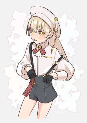 Rule 34 | 1boy, ascot, black gloves, black shorts, blonde hair, collar, floral background, gloves, highres, long sleeves, looking at viewer, male focus, mubo, multicolored clothes, multicolored shorts, open mouth, original, red ribbon, ribbon, school uniform, shirt, shorts, smile, standing, trap, white background, white collar, white headwear, white shirt, yellow eyes