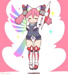 Rule 34 | 1girl, arms up, boots, closed eyes, coroha, full body, gloves, hinata natsumi, jumping, kemono friends, kemono friends 3, keroro gunsou, leotard, long hair, looking at viewer, mecha musume, pink background, pink hair, shield, simple background, solo, thighhighs, twintails, wings