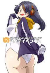 Rule 34 | 10s, 1girl, aono3, ass, black hair, black jacket, blush, character name, cowboy shot, emperor penguin (kemono friends), from side, hair over one eye, headphones, hood, hooded jacket, jacket, japari symbol, kemono friends, leotard, long hair, looking at viewer, simple background, smile, solo, thighs, white background, white leotard