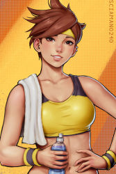 Rule 34 | 1girl, bottle, brown hair, earrings, freckles, hand on own hip, highres, jewelry, looking at viewer, navel, overwatch, overwatch 1, sciamano240, shirt, smile, solo, spiked hair, sports bra, stomach, taut clothes, taut shirt, toned, towel, towel on one shoulder, tracer (overwatch), upper body, water bottle, wristband