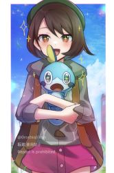 Rule 34 | + +, 0roshioji3ran, 1girl, backpack, bad id, bad pixiv id, bag, bob cut, brown bag, brown eyes, brown hair, buttons, cable knit, cardigan, cloud, commentary request, creatures (company), falling leaves, game freak, gen 8 pokemon, gloria (pokemon), green headwear, grey cardigan, hat, hooded cardigan, leaf, looking at viewer, nintendo, pokemon, pokemon (creature), pokemon swsh, short hair, sky, sobble, sparkle, tam o&#039; shanter, twitter username, watermark
