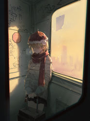 Rule 34 | 1girl, black skirt, blonde hair, brown sweater, closed eyes, commentary, dino (dinoartforame), english text, hat, highres, hololive, hololive english, light particles, long sleeves, luggage, miniskirt, red scarf, santa hat, scarf, short hair, skirt, sleeping, sleeping upright, solo, standing, sweater, virtual youtuber, watson amelia, window