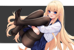 Rule 34 | 1girl, absurdres, allenes, black pantyhose, blonde hair, blue eyes, blue sailor collar, blue skirt, blunt bangs, blush, commentary request, elf, fang, feet, full body, highres, hugging own legs, legs up, long hair, long sleeves, looking at viewer, no shoes, open mouth, original, pantyhose, pointy ears, sailor collar, school uniform, serafuku, shirt, sidelocks, sitting, skin fang, skirt, solo, straight hair, thighband pantyhose, two-tone background, very long hair, white shirt