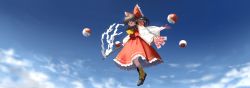 Rule 34 | above clouds, absurdres, alternate footwear, ascot, blue sky, boots, bow, brown hair, closed eyes, cloud, commentary, cross-laced footwear, day, detached sleeves, facing down, floating, floating hair, frilled bow, frilled shirt collar, frilled skirt, frills, gohei, hair bow, hair tubes, hakurei reimu, half updo, highres, holding, knee boots, lace-up boots, long image, long skirt, medium hair, ofuda, open mouth, orb, red bow, red ribbon, red shirt, ribbon, ribbon-trimmed shirt, ribbon-trimmed skirt, ribbon-trimmed sleeves, ribbon trim, shide, shirt, sidelocks, skirt, skirt set, sky, sleeveless, sleeveless shirt, solo, suna (s73d), touhou, white ribbon, wide shot, wide sleeves, yellow ascot, yellow footwear, yin yang, yin yang orb