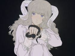 Rule 34 | 1girl, aiming, aiming at viewer, black background, blue eyes, blush, dress, grey hair, highres, horns, long hair, long sleeves, looking at viewer, original, signature, simple background, snake, solo, toktin zq, translucent horns, upper body, white dress