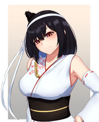 Rule 34 | 1girl, absurdres, arugou, black hair, breasts, detached sleeves, floral print, fusou (kancolle), hair ornament, headband, highres, japanese clothes, kantai collection, large breasts, nontraditional miko, obi, red eyes, sash, solo, upper body, white headband, white sleeves, wide sleeves, yamashiro (kancolle), yamashiro kai ni (kancolle)