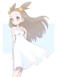 Rule 34 | 1girl, brown eyes, brown hair, creatures (company), dress, eyelashes, floating hair, game freak, hand up, highres, jasmine (pokemon), knees, long hair, looking to the side, nintendo, noi (noi pk27), parted lips, pokemon, pokemon gsc, sleeveless, sleeveless dress, solo, two side up, white dress