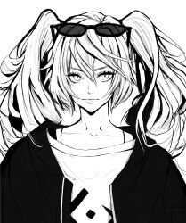 Rule 34 | 1girl, bra strap, collarbone, commentary request, expressionless, eyewear on head, greyscale, hatsune miku, inoitoh, jacket, monochrome, shirt, solo, suna no wakusei (vocaloid), sunglasses, twintails, vocaloid