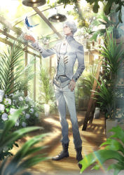 Rule 34 | 1boy, bird, black footwear, blurry, blurry foreground, boots, bush, ceiling light, closed mouth, depth of field, flower, greenhouse, hand up, highres, indoors, jacket, ladder, light and night love, long sleeves, male focus, official art, pants, plant, potted plant, rose, ryota-h, shirt, short hair, solo, standing, white flower, white hair, white jacket, white pants, white rose, white shirt, wooden floor, yellow eyes