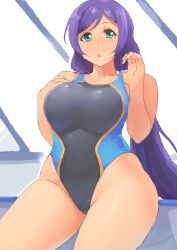 Rule 34 | 10s, 1girl, blush, breasts, competition school swimsuit, competition swimsuit, green eyes, indoors, large breasts, long hair, looking at viewer, love live!, love live! school idol project, minakami (flyingman555), one-piece swimsuit, open mouth, plump, pool, purple hair, school swimsuit, sitting, solo, swimsuit, tojo nozomi, twintails, wide hips