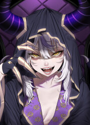 Rule 34 | 1girl, :d, breasts, claws, cleavage, collarbone, fangs, hair between eyes, highres, hololive, hood, horns, la+ darknesss, looking at viewer, maou (demonlord), medium hair, multicolored hair, open mouth, purple hair, purple horns, small breasts, smile, solo, streaked hair, striped horns, teeth, upper body, virtual youtuber, white hair, yellow eyes